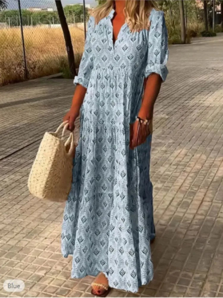 Vestido Largo Vintage de Otoño – Diseño con Escote en V Halagador para un Estilo Sin Esfuerzo