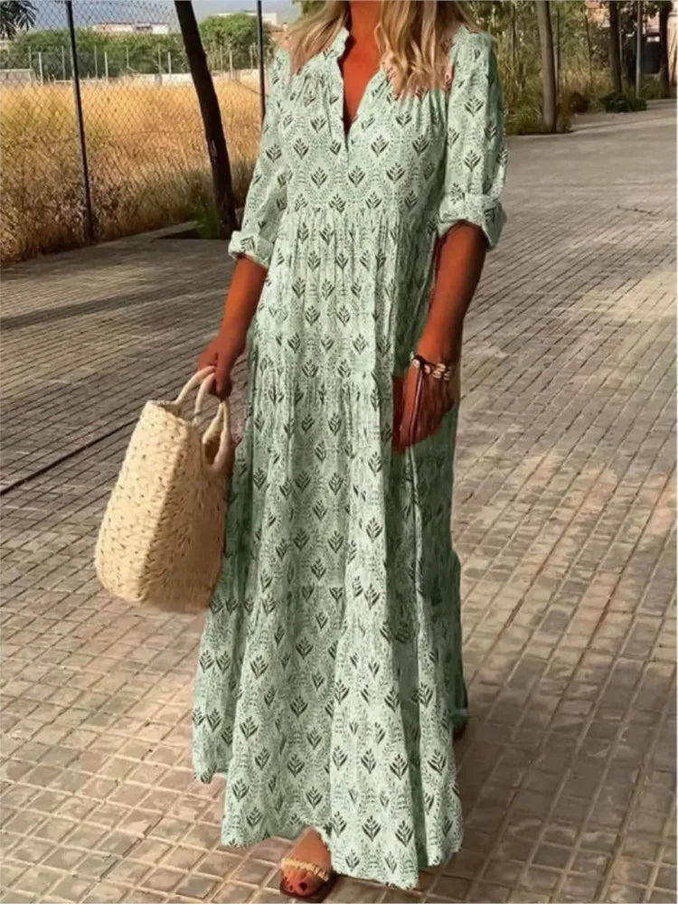 Vestido Largo Vintage de Otoño – Diseño con Escote en V Halagador para un Estilo Sin Esfuerzo