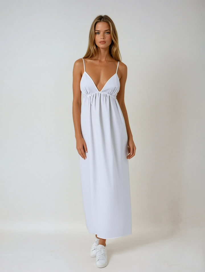 Vestido Maxi de Cóctel de Algodón de Espalda Abierta Costera