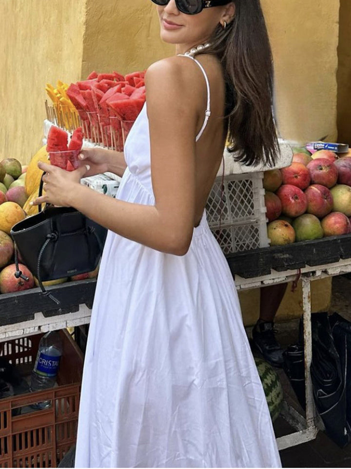 Vestido Maxi de Cóctel de Algodón de Espalda Abierta Costera