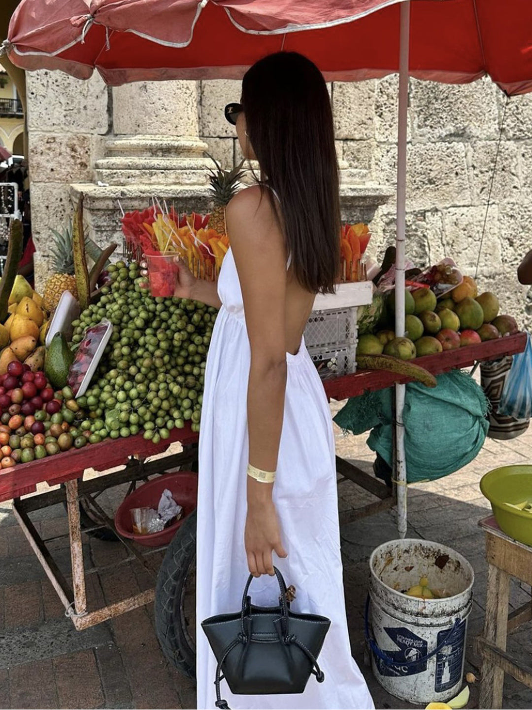 Vestido Maxi de Cóctel de Algodón de Espalda Abierta Costera