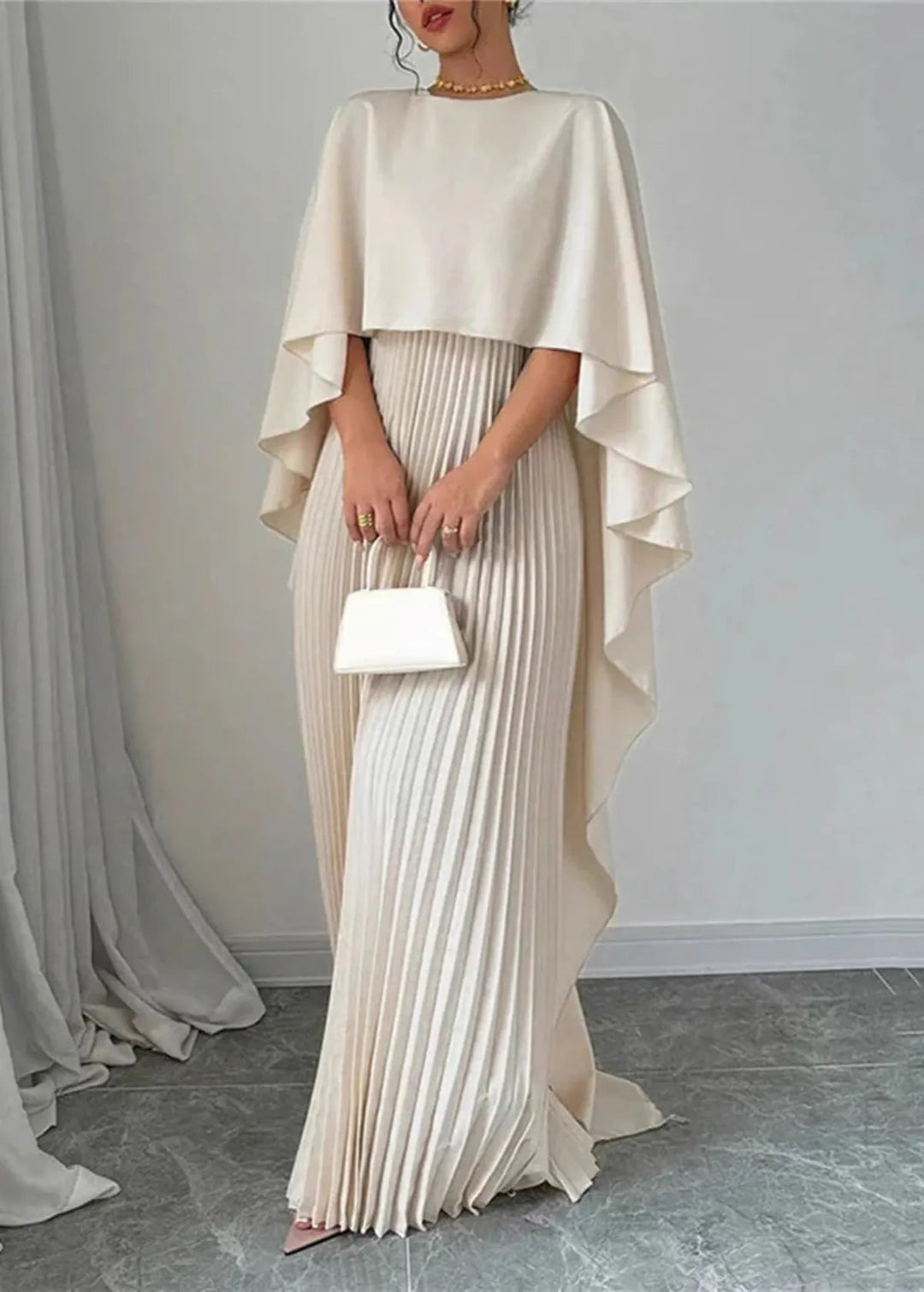 Vestido Maxi de Invitada de Boda con Mangas de Murciélago Plisadas