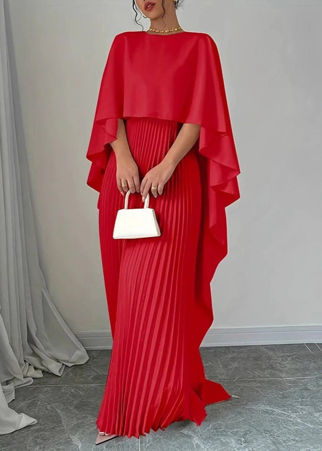 Vestido Maxi de Invitada de Boda con Mangas de Murciélago Plisadas