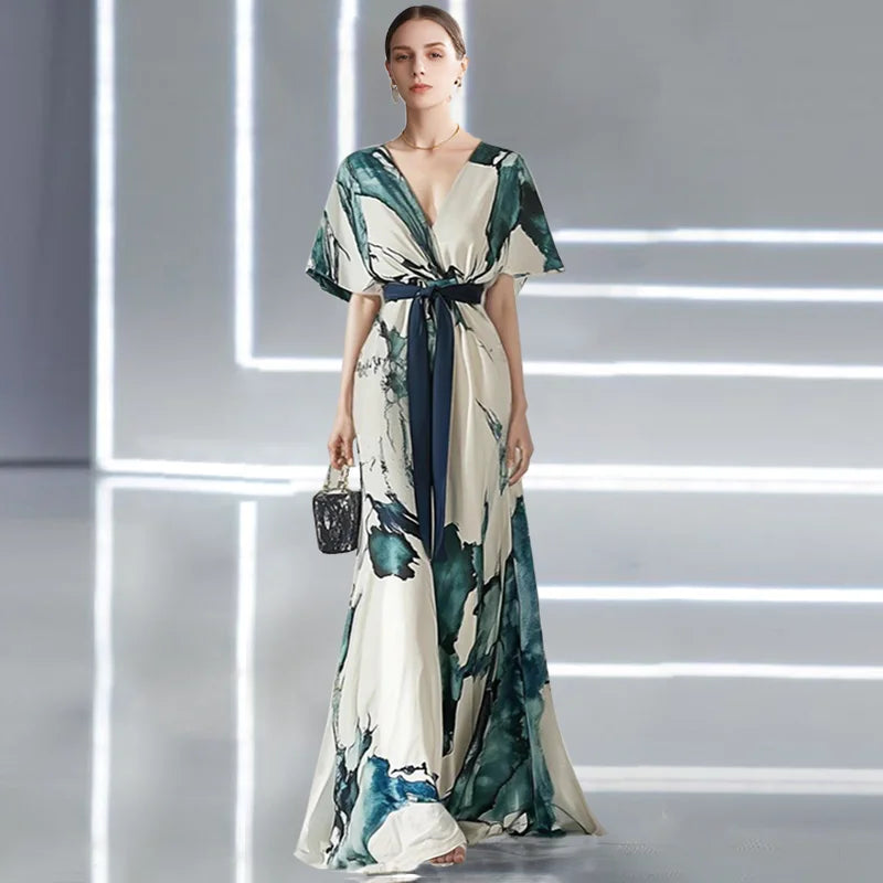 Vestido Maxi Floral Bohemio – Elegante Vestido de Invitada de Boda de Verano con Escote en V Profundo