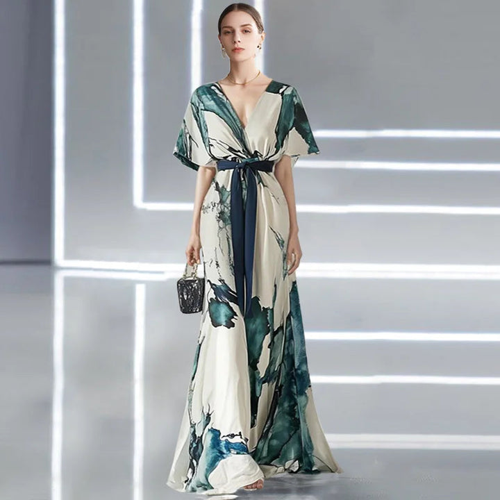 Vestido Maxi Floral Bohemio – Elegante Vestido de Invitada de Boda de Verano con Escote en V Profundo