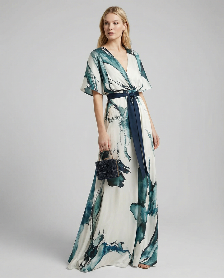 Vestido Maxi Floral Bohemio – Elegante Vestido de Invitada de Boda de Verano con Escote en V Profundo