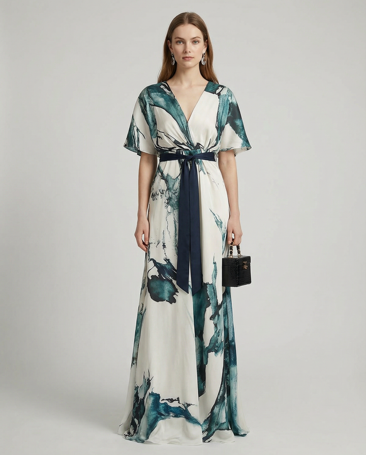 Vestido Maxi Floral Bohemio – Elegante Vestido de Invitada de Boda de Verano con Escote en V Profundo