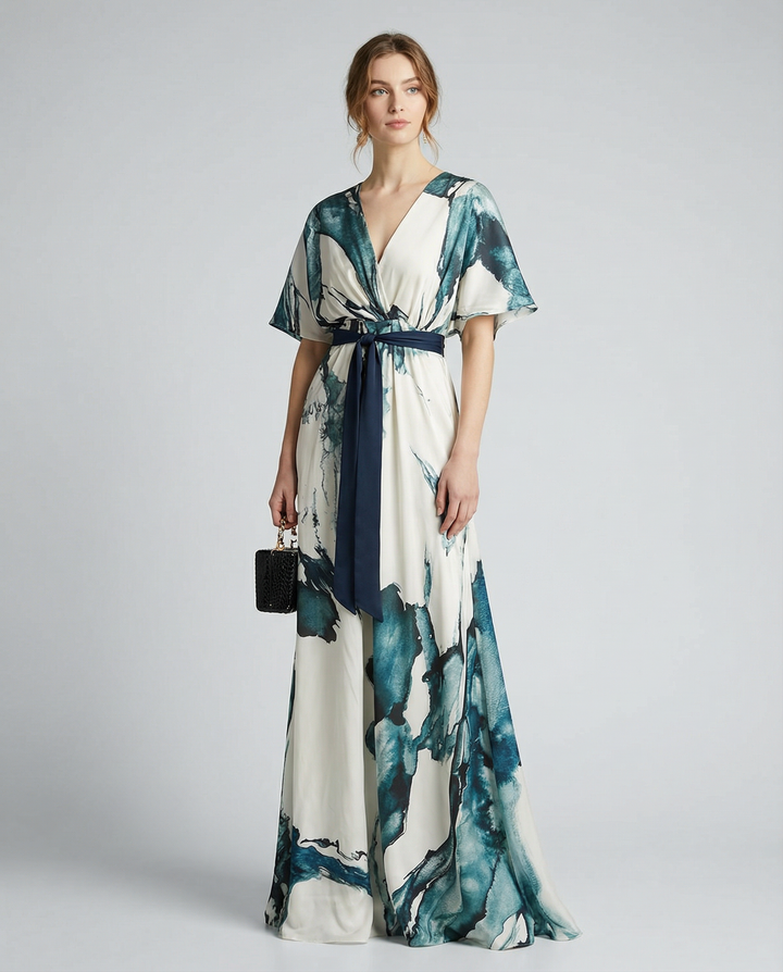 Vestido Maxi Floral Bohemio – Elegante Vestido de Invitada de Boda de Verano con Escote en V Profundo