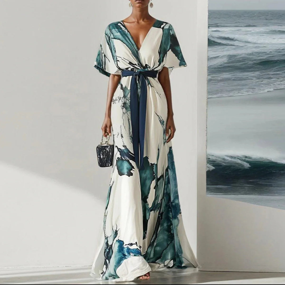Vestido Maxi Floral Bohemio – Elegante Vestido de Invitada de Boda de Verano con Escote en V Profundo