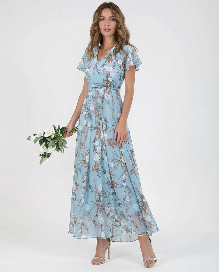 Vestido Maxi Floral – Elegantes Mangas con Volantes para Eventos de Verano