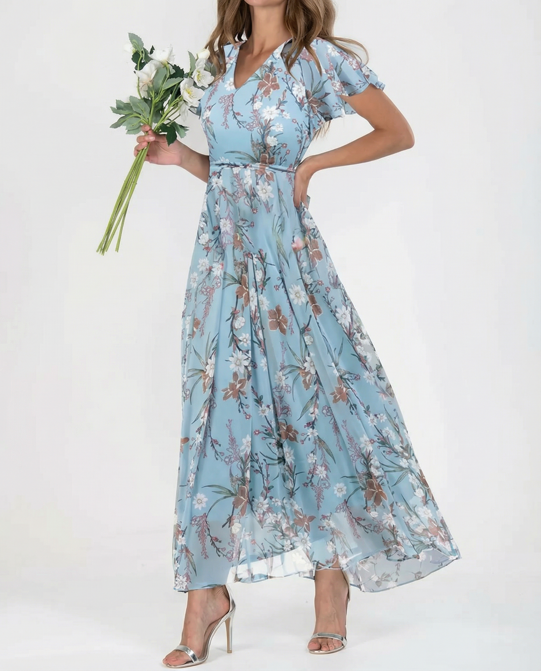 Vestido Maxi Floral – Elegantes Mangas con Volantes para Eventos de Verano