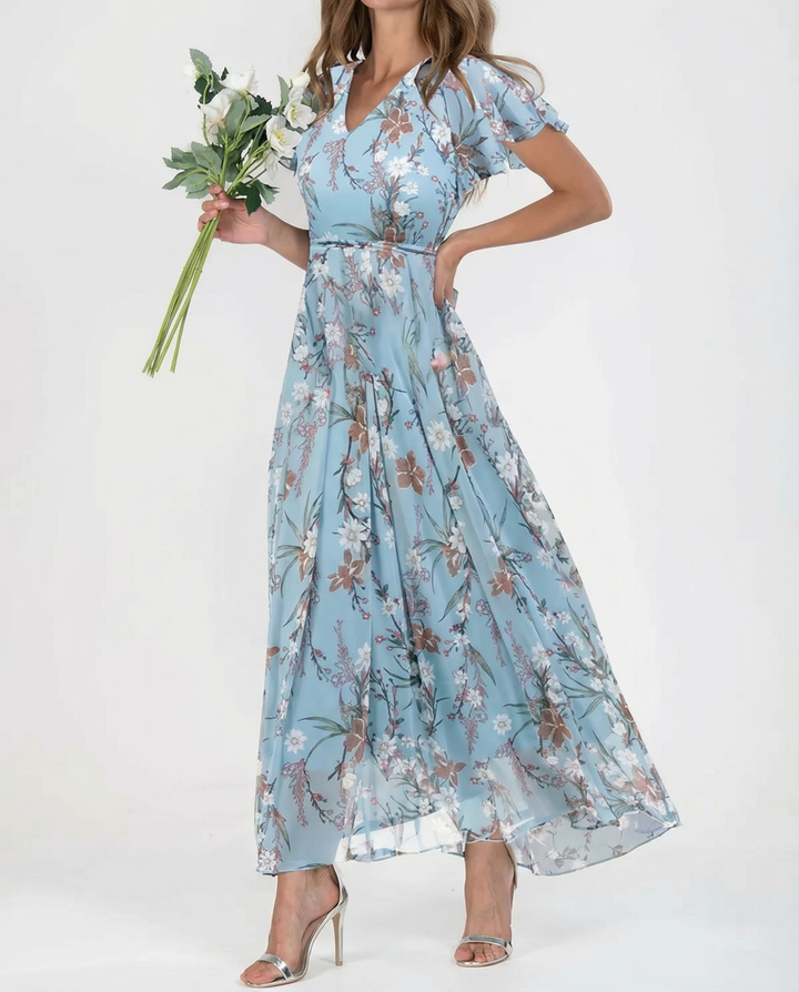 Vestido Maxi Floral – Elegantes Mangas con Volantes para Eventos de Verano