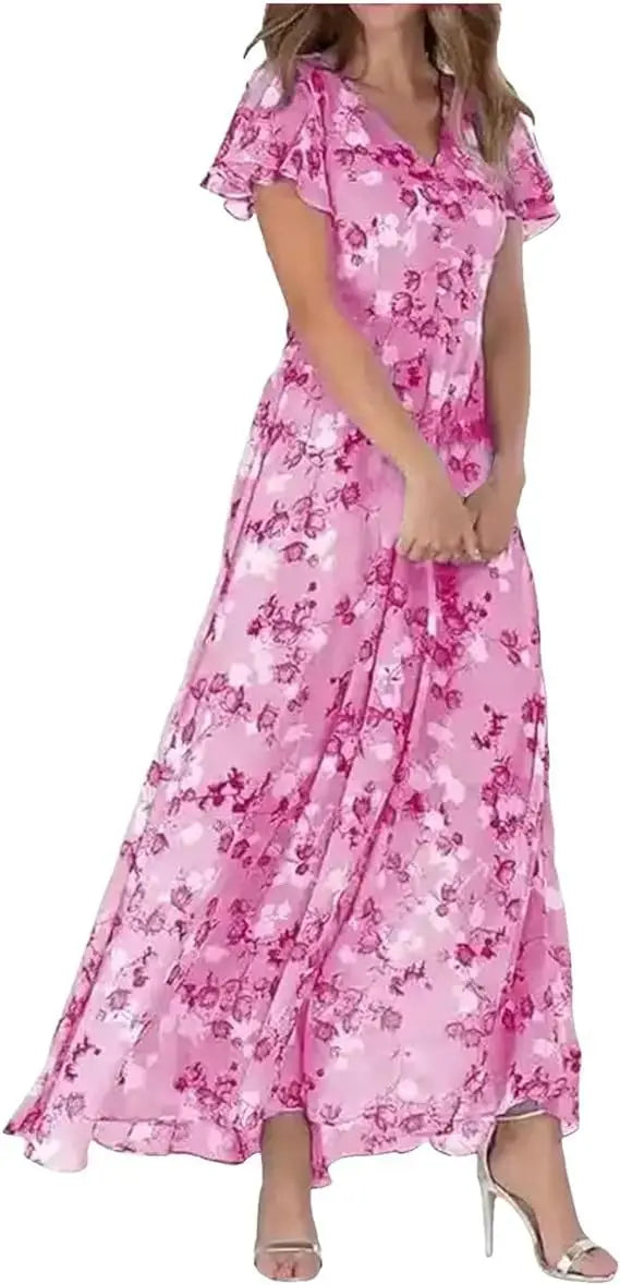 Vestido Maxi Floral – Elegantes Mangas con Volantes para Eventos de Verano