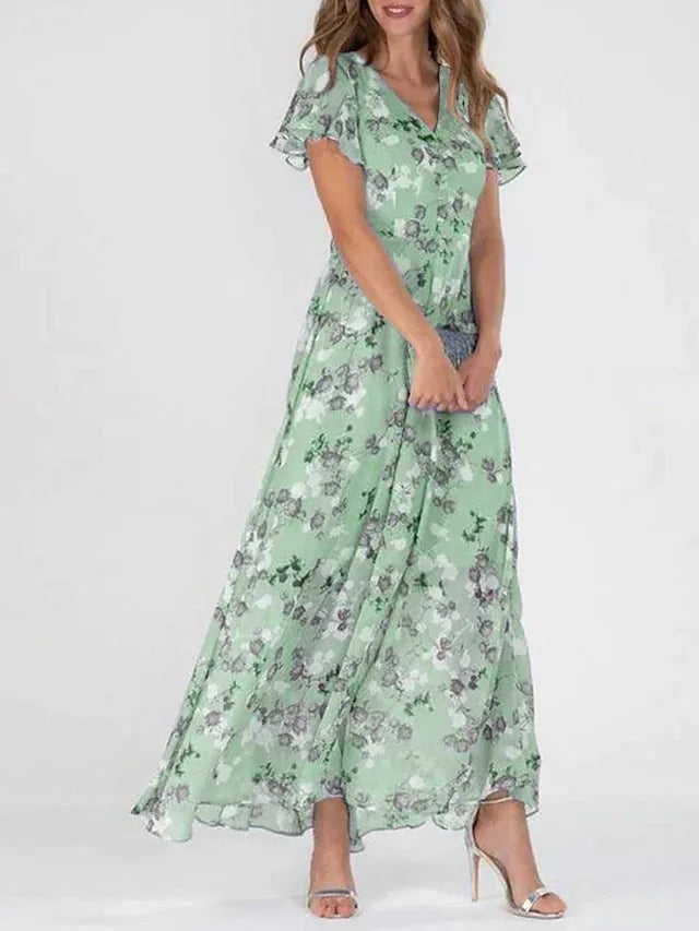 Vestido Maxi Floral – Elegantes Mangas con Volantes para Eventos de Verano