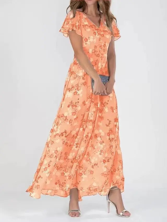 Vestido Maxi Floral – Elegantes Mangas con Volantes para Eventos de Verano
