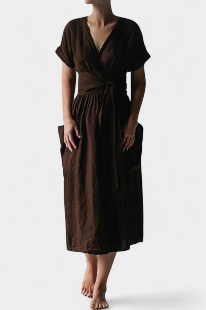 Cressida Vestido de Algodón con Escote en V y Cintura Ajustable