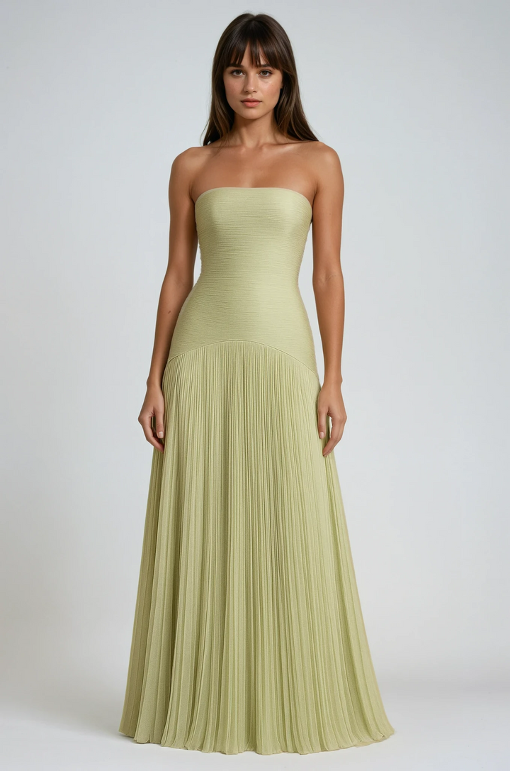 Vestido Maxi de Invitada de Boda con Pliegues Sin Tirantes