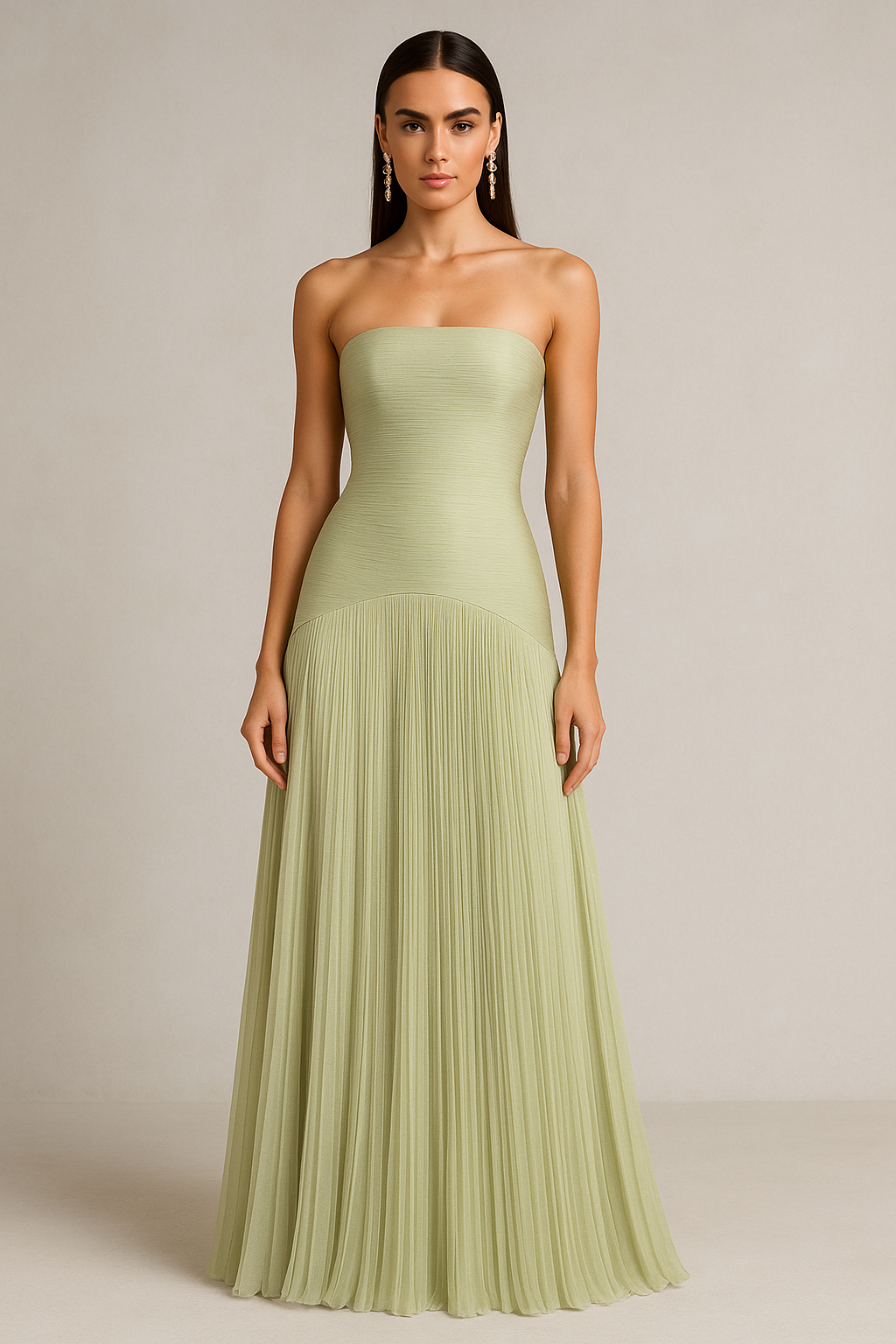 Vestido Maxi de Invitada de Boda con Pliegues Sin Tirantes
