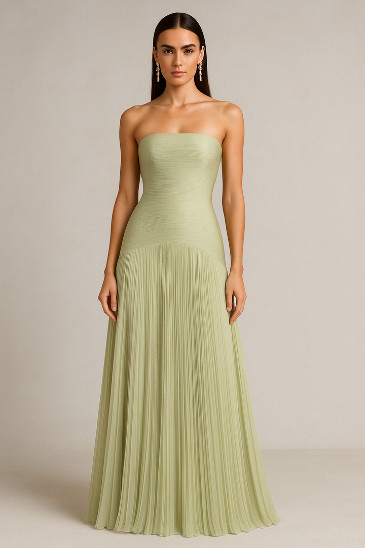 Vestido Maxi de Invitada de Boda con Pliegues Sin Tirantes