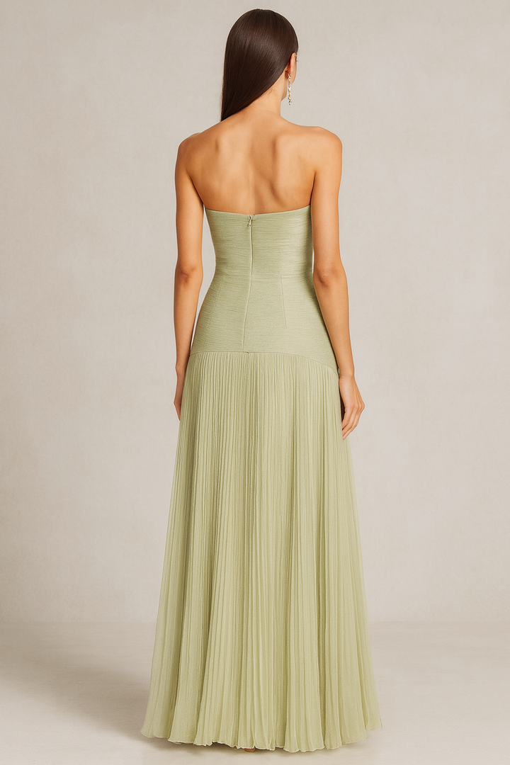 Vestido Maxi de Invitada de Boda con Pliegues Sin Tirantes