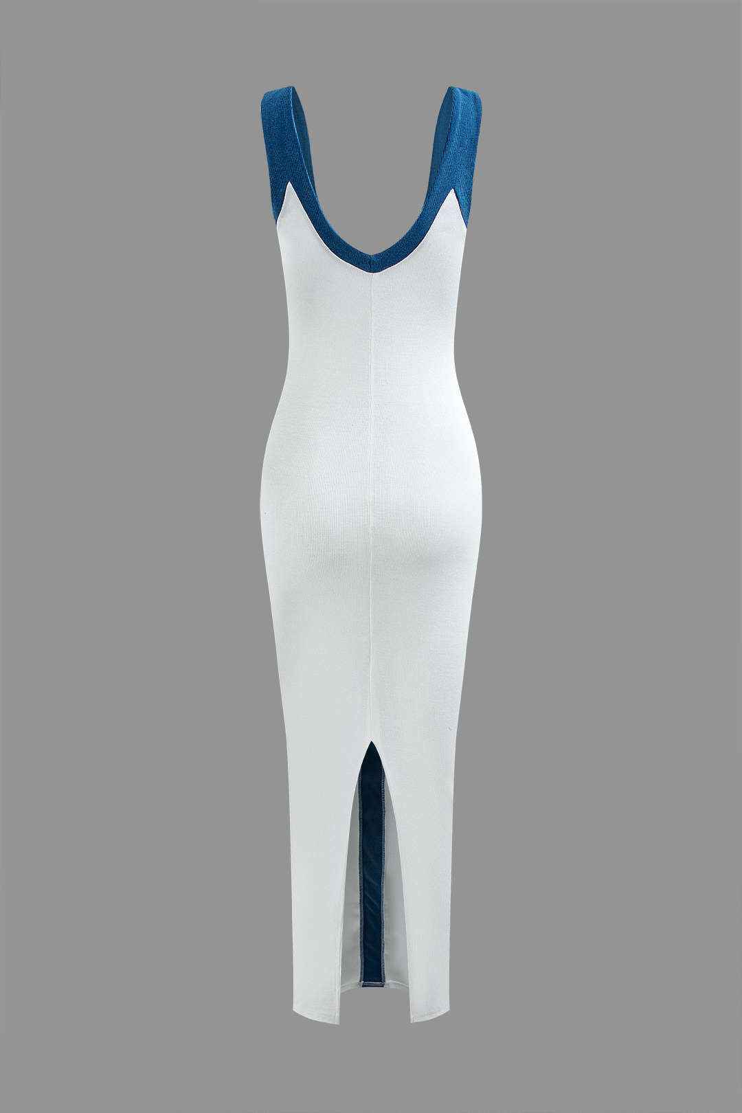 Vestido Maxi de Cóctel con Cuello en V y Textura Acanalada en Bloques de Color