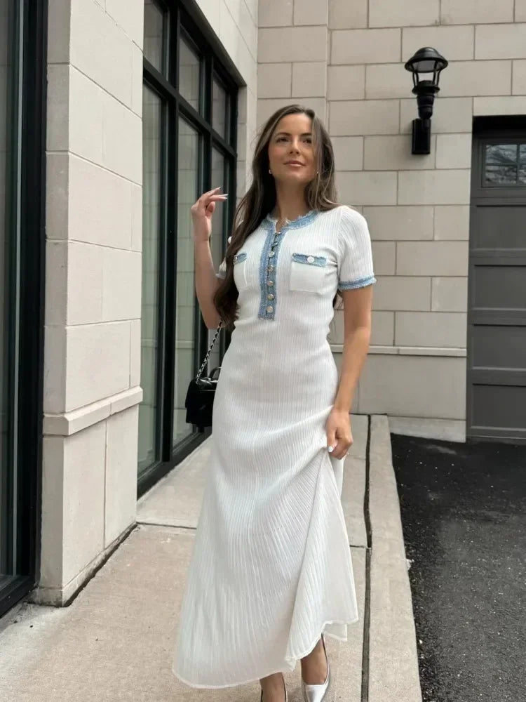 Vestido Maxi de Punto Acanalado Blanco – Vestido Elegante de Verano de Manga Corta para Mujeres