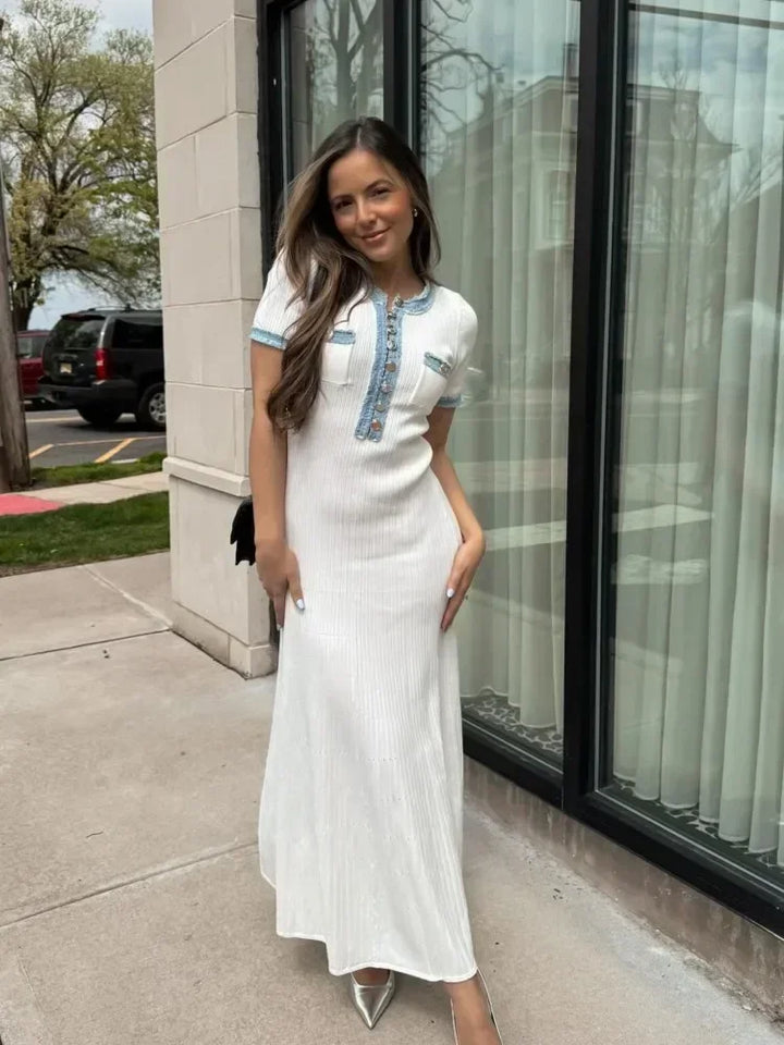 Vestido Maxi de Punto Acanalado Blanco – Vestido Elegante de Verano de Manga Corta para Mujeres
