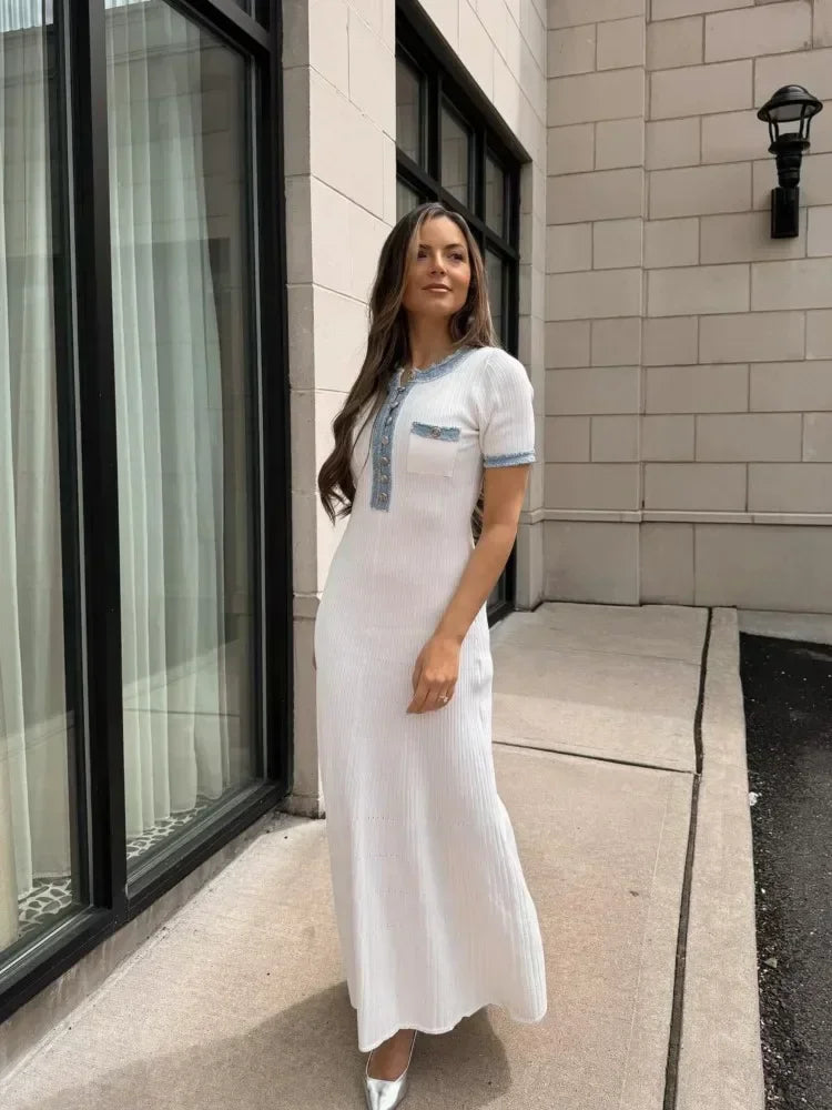 Vestido Maxi de Punto Acanalado Blanco – Vestido Elegante de Verano de Manga Corta para Mujeres