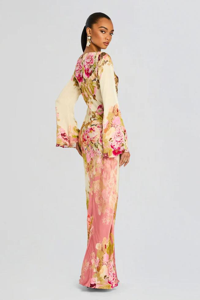 Vestido de Noche con Mangas de Campana Floral