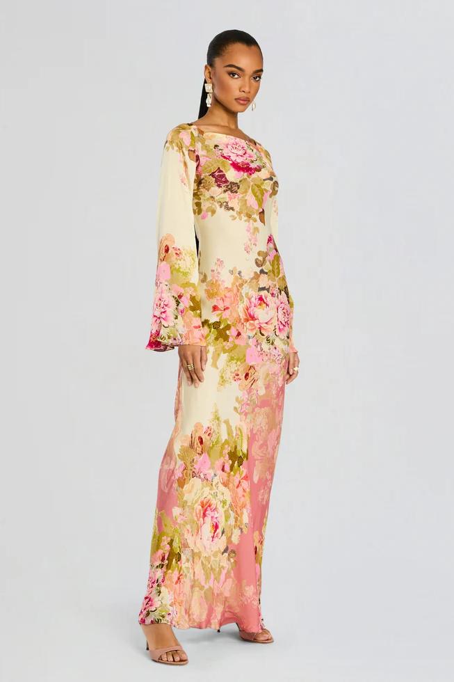Vestido de Noche con Mangas de Campana Floral