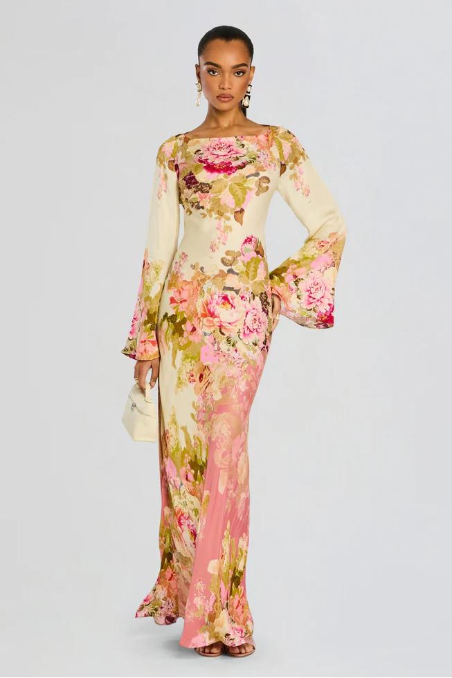 Vestido de Noche con Mangas de Campana Floral