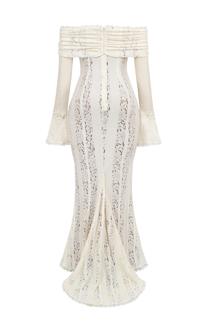 Elegante Maxi Vestido de Encaje Off-Shoulder para Invitadas de Boda