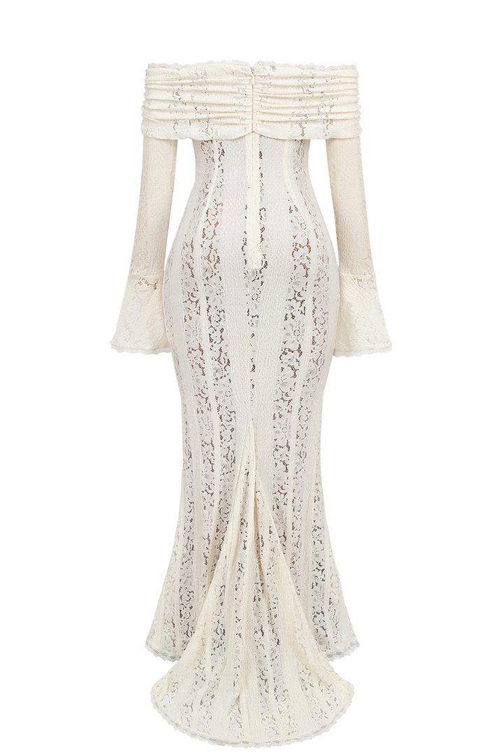 Elegante Maxi Vestido de Encaje Off-Shoulder para Invitadas de Boda