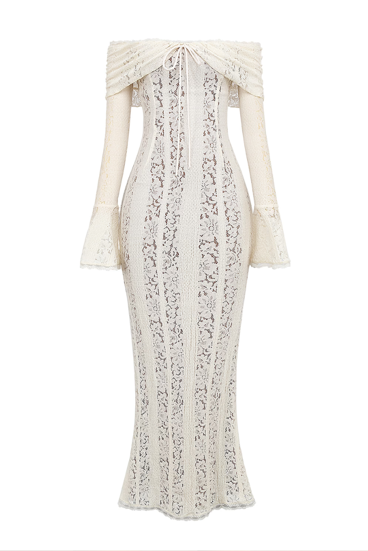 Elegante Maxi Vestido de Encaje Off-Shoulder para Invitadas de Boda
