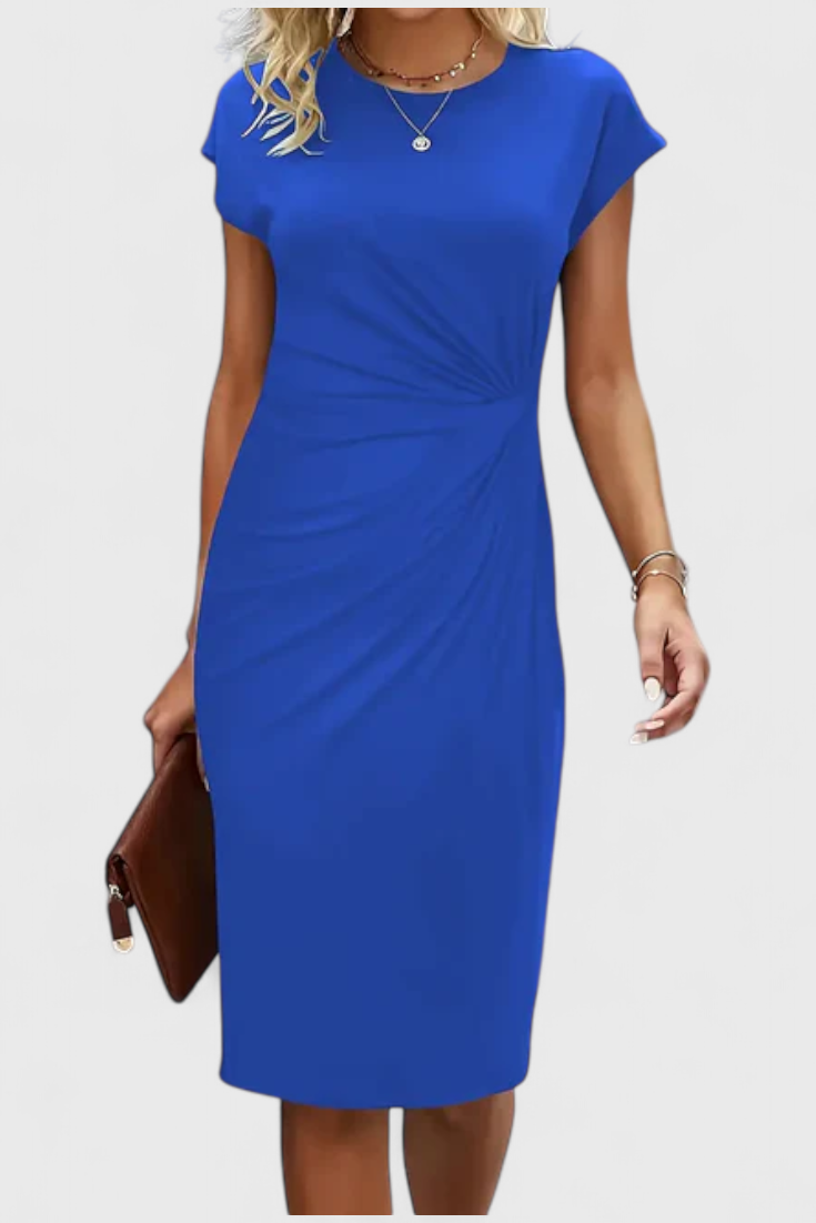 Katrina Vestido Midi Atemporal con Cuello Redondo y Detalle Drapeado