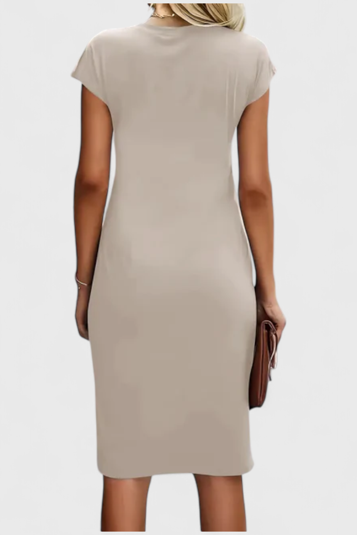 Katrina Vestido Midi Atemporal con Cuello Redondo y Detalle Drapeado