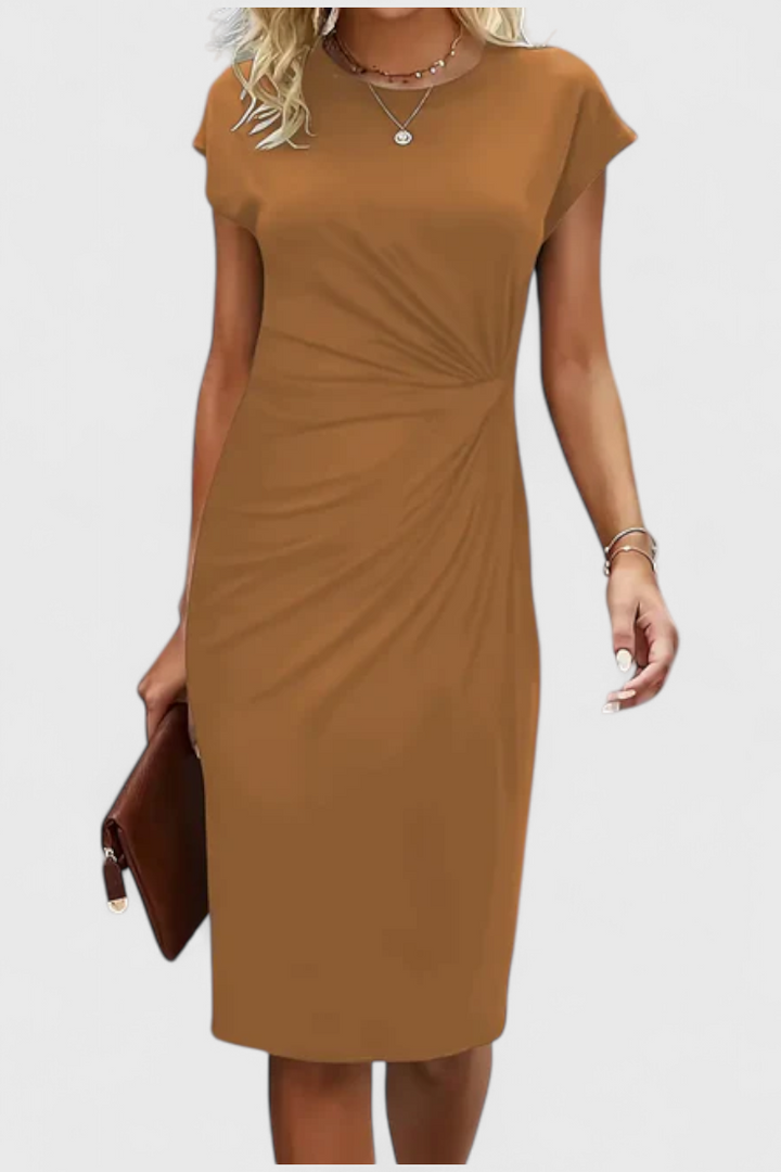 Katrina Vestido Midi Atemporal con Cuello Redondo y Detalle Drapeado
