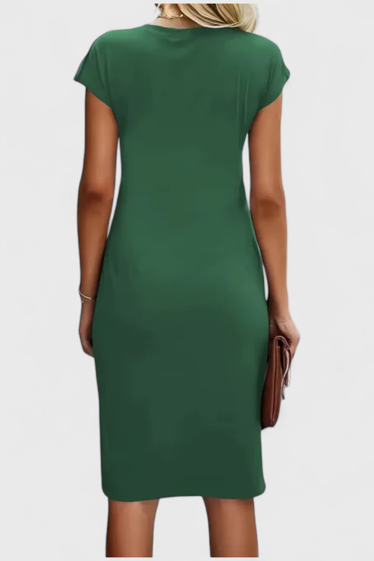 Katrina Vestido Midi Atemporal con Cuello Redondo y Detalle Drapeado