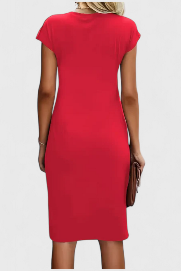 Katrina Vestido Midi Atemporal con Cuello Redondo y Detalle Drapeado