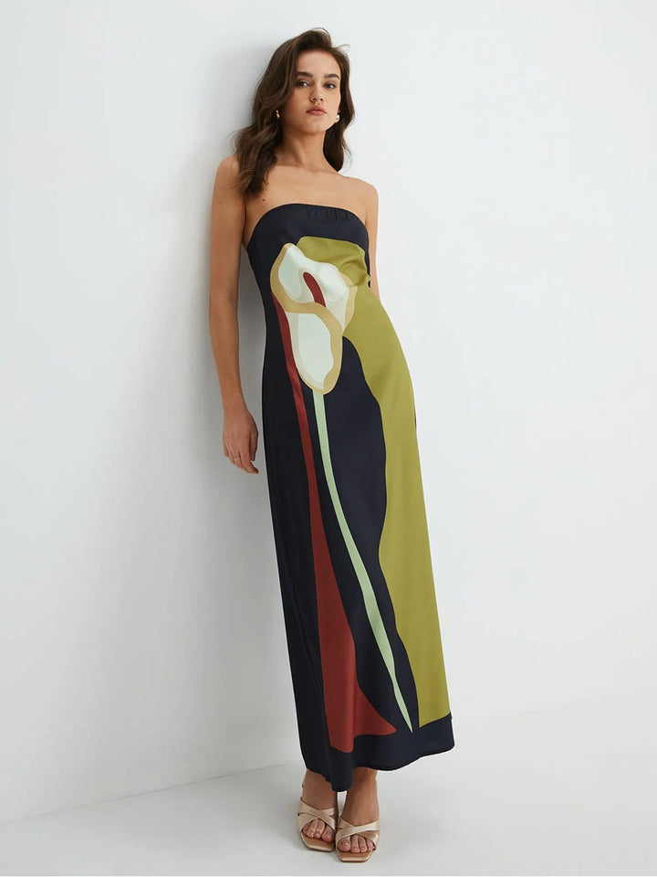 Vestido Maxi de Fiesta de Verano Impreso Sin Tirantes Calla
