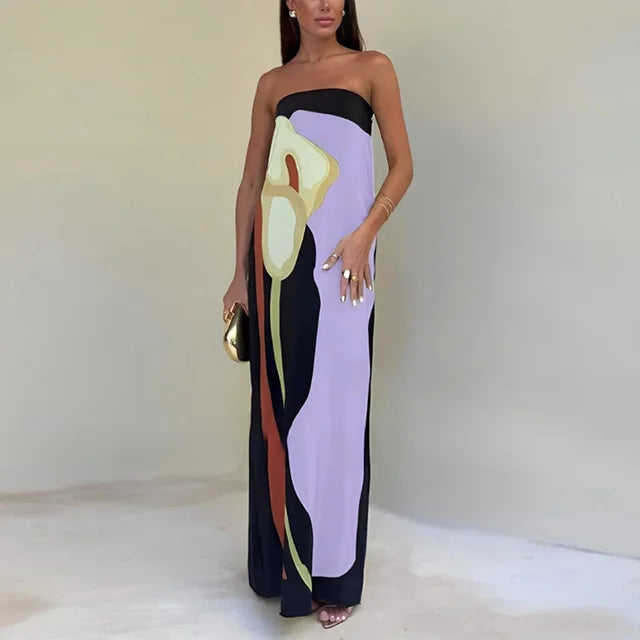 Vestido Maxi de Fiesta de Verano Impreso Sin Tirantes Calla