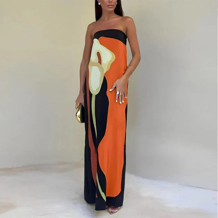 Vestido Maxi de Fiesta de Verano Impreso Sin Tirantes Calla