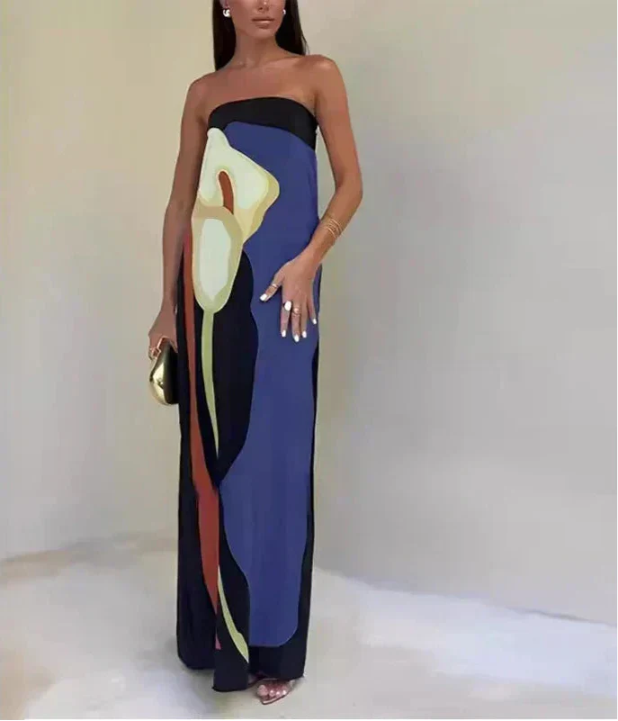 Vestido Maxi de Fiesta de Verano Impreso Sin Tirantes Calla