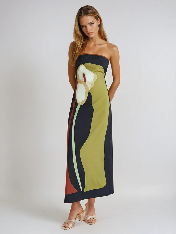 Vestido Maxi de Fiesta de Verano Impreso Sin Tirantes Calla
