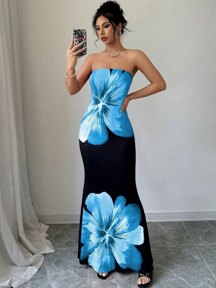 Vestido Maxi Floral Sin Tirantes – Vestido de Noche Elegante para Mujeres