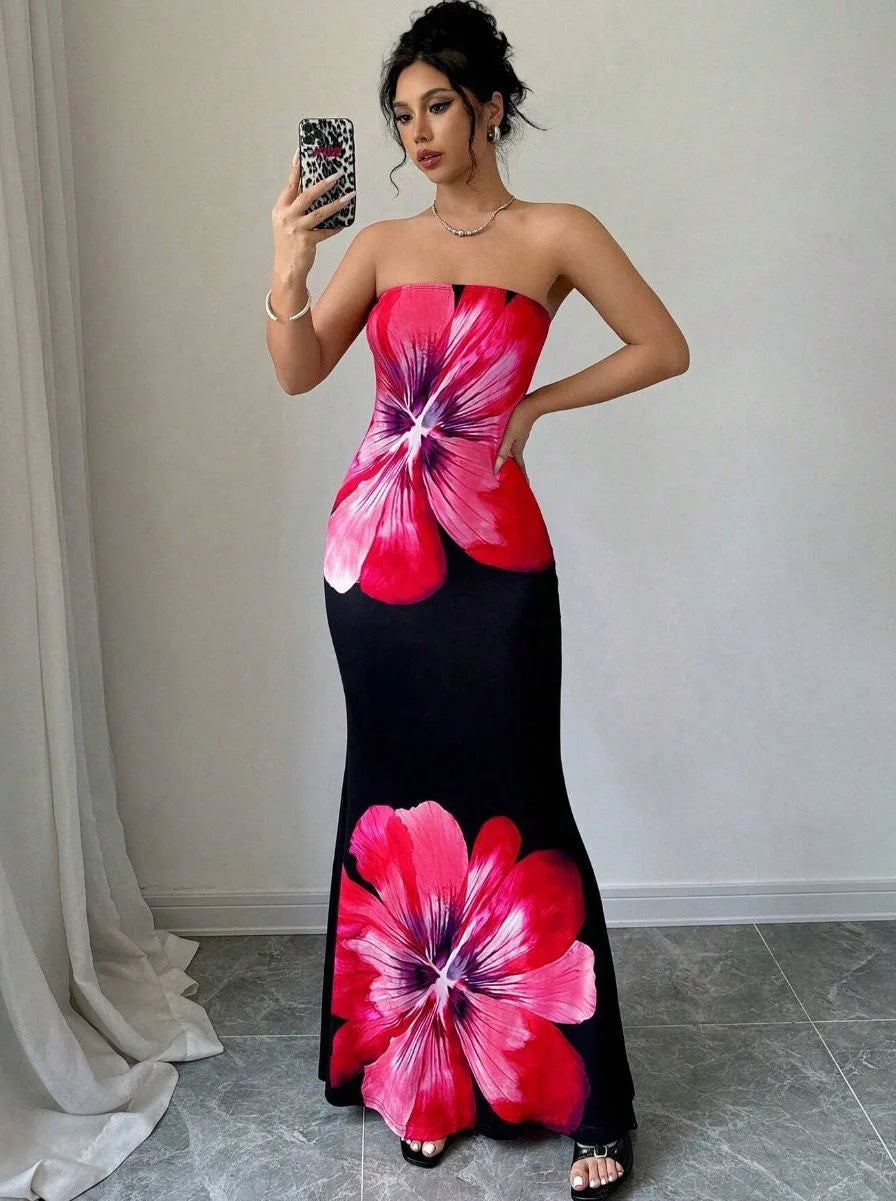 Vestido Maxi Floral Sin Tirantes – Vestido de Noche Elegante para Mujeres