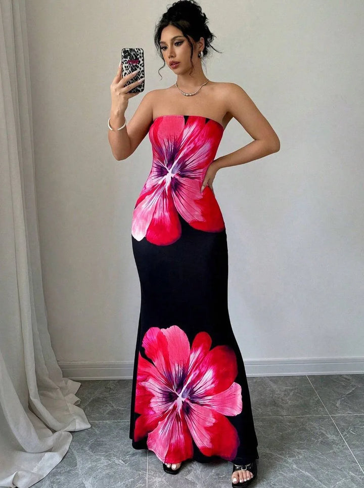 Vestido Maxi Floral Sin Tirantes – Vestido de Noche Elegante para Mujeres