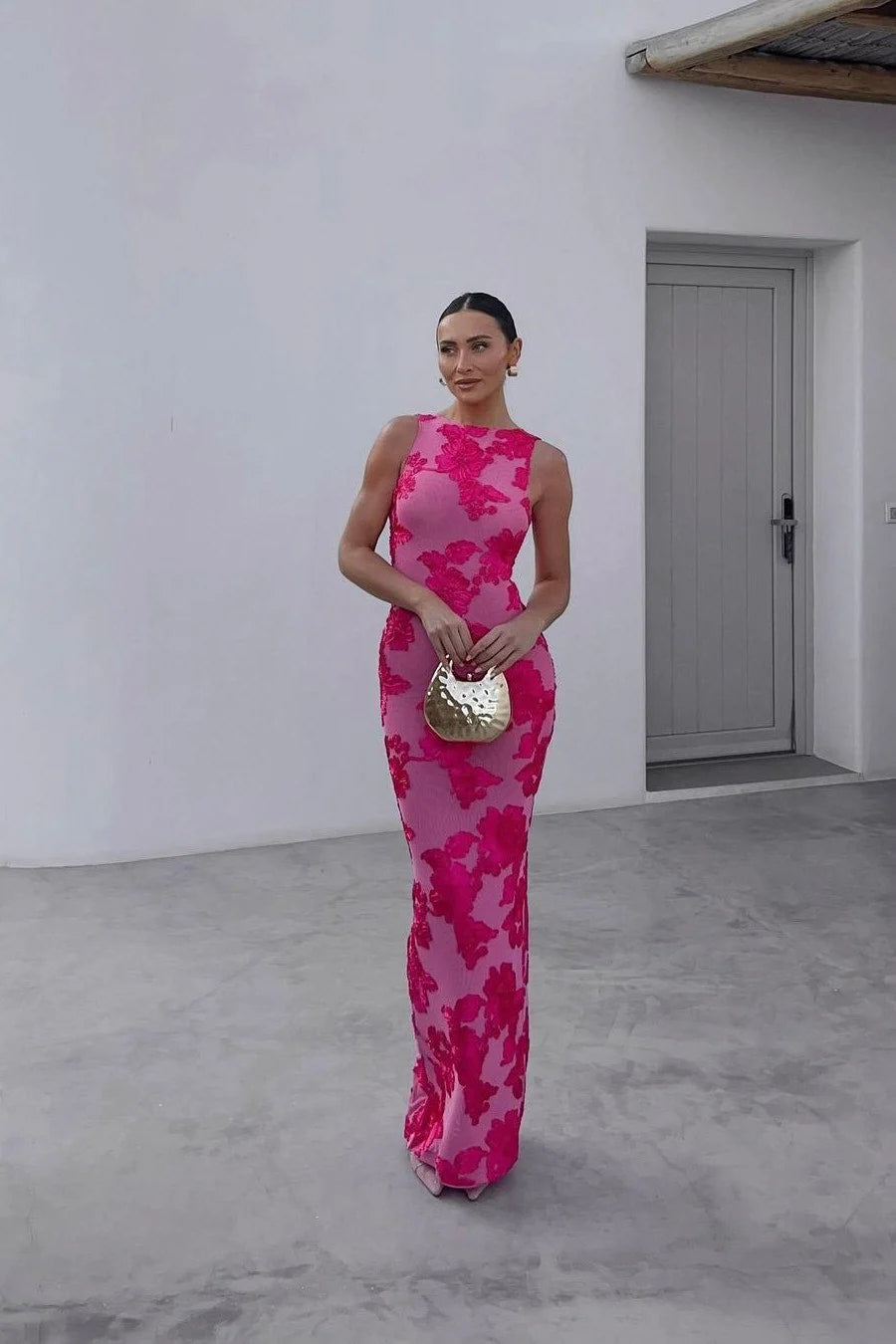 Vestido Maxi de Noche Sin Mangas Bordado Floral