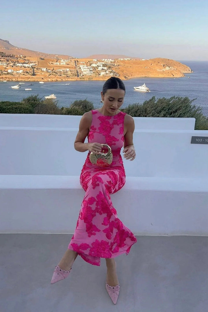 Vestido Maxi de Noche Sin Mangas Bordado Floral