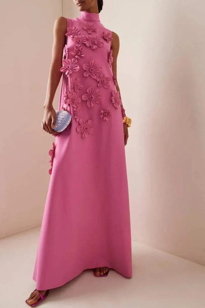 Vestido Maxi de Verano Sin Mangas Adornado con Flores